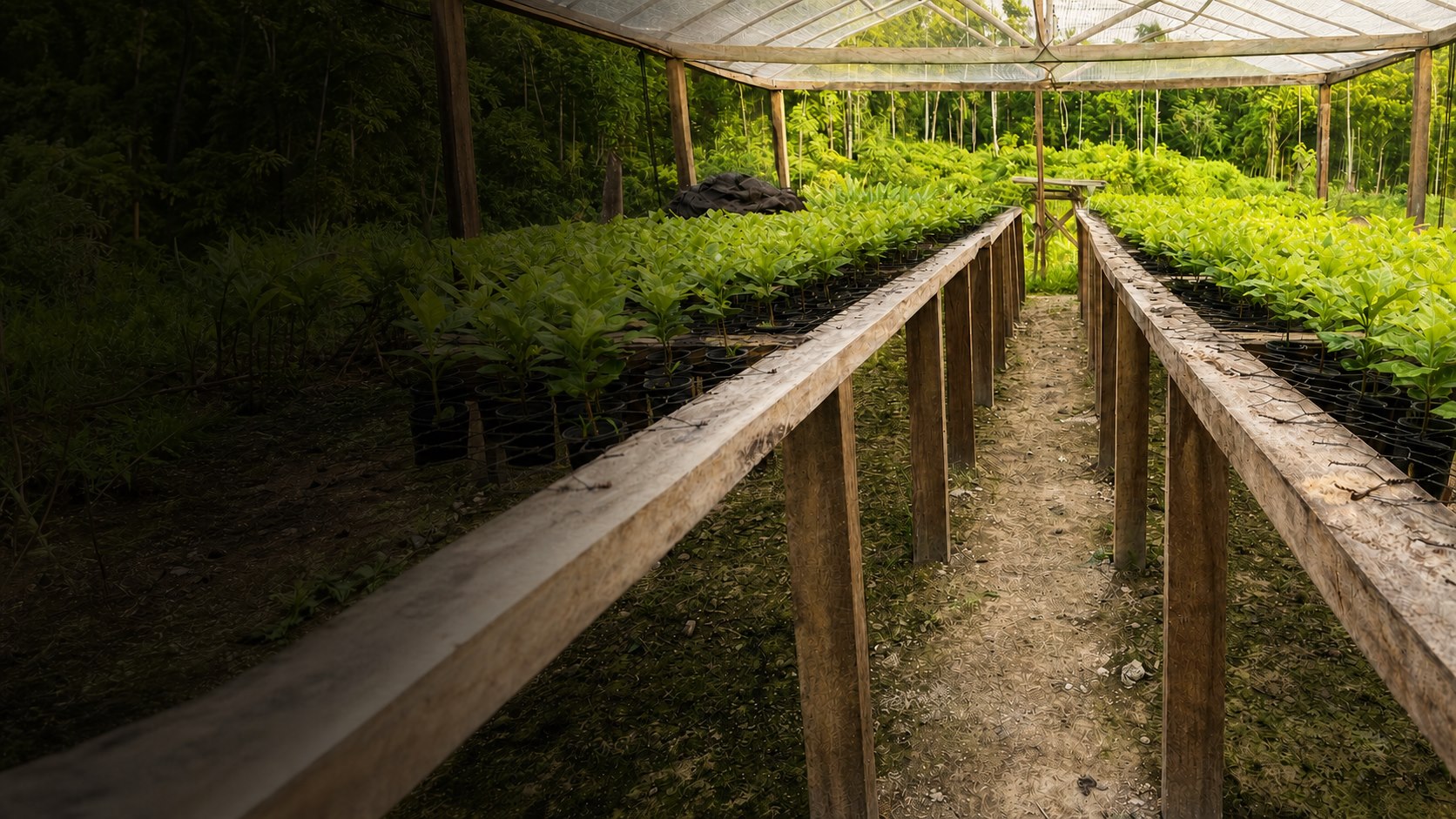 Viveiro de mudas cultivadas em equilíbrio com a floresta